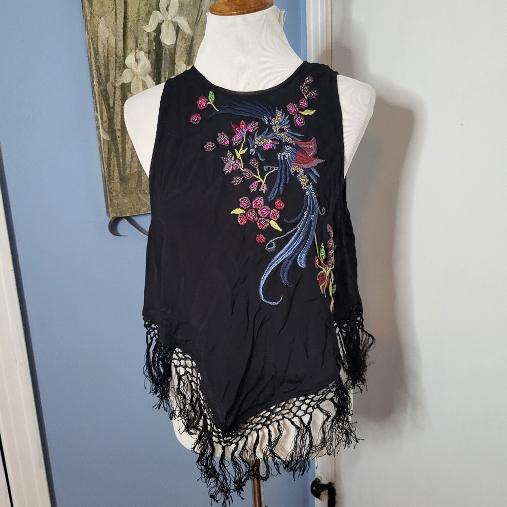 Free People Top Hanky Fringe Embroidery Hippie Boho Open Back Small Black